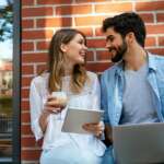 Young people working, studying together with digital devices. Business education technology concept